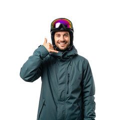 Happy young adult man in ski helmet and goggles, wearing a winter jacket, making a 'call me' hand gesture with a bright smile, isolated on a transparent background.