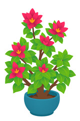 Potted Plant with Red Star-Shaped Flowers and Green Leaves in Blue Container