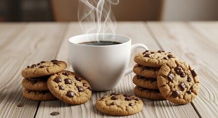 Steaming Hot Coffee and Delicious Chocolate Chip Cookies on a Wooden Table.