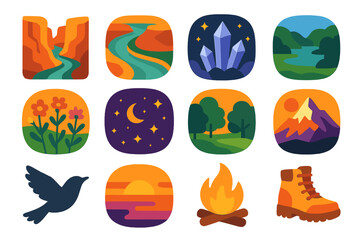 Nature&rsquo;s Hidden Gems Collection flat icons: canyon, river bend, crystal cave, secluded lake, wildflower field, starry sky, forest clearing, mountain peak, bird silhouette, sunrise