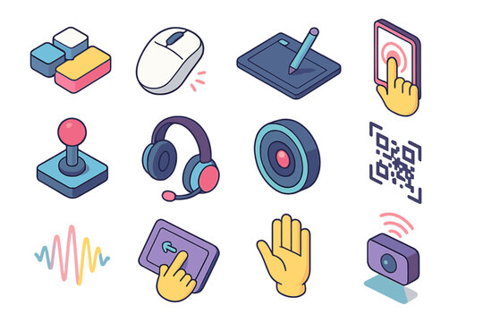 Input Methods flat isometric set: keyboard keys, mouse click, pen tablet, touchscreen tap, joystick, headset mic, camera lens, QR code scanner, voice wave, touchpad swipe, hand