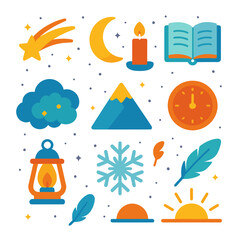 New Year Dreams flat icons: shooting star, moon, night sky, candlelight, open journal, dream cloud, mountain peak, clock at midnight, feather, lantern, snowflake, sunrise horizon.