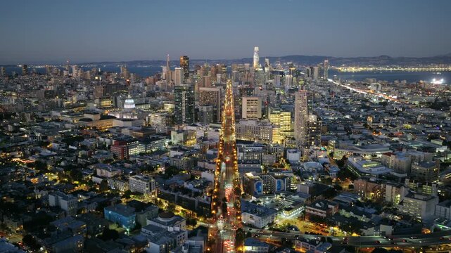 San Francisco - Aerial Shot Looking Down Market St at Blue Hour with Street Lights and Cars Passing By