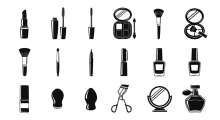Collection of cosmetic products and beauty tools in monochrome silhouette