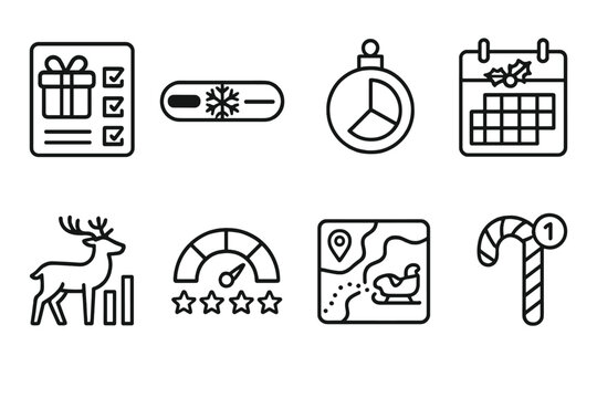 Holiday Dashboard outline icon set: gift tracker, snowflake progress bar, ornament chart, festive calendar, reindeer stats icon, star rating meter, sleigh delivery map, candy cane