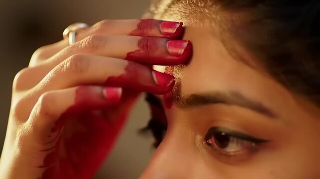 Womans forehead being marked red.