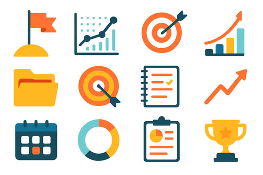 Progress Monitoring flat icons: goal flag, line graph, bar chart, document folder, target icon, notebook, trend arrow, calendar, progress ring, clipboard, report page, trophy icon.