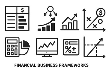 Fototapeta premium Financial Business Frameworks set of icons in doodle hand-drawn vector style: cost structure table, revenue streams chart, profit margin graph, investment portfolio matrix,