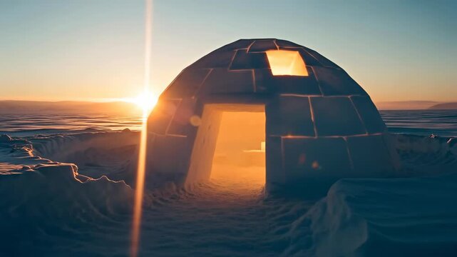 Illuminated igloo in a cold arctic landscape at sunset, concept for winter accommodation or polar expedition footage