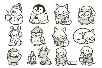 Cozy Chilly Characters set of icons in doodle hand-drawn vector style: snowman with mug, penguin with blanket, bear in sweater, fox in scarf, rabbit in earmuffs, owl in hat, cat