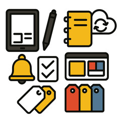 Smart Planner silhouette set: tablet screen, stylus pen, digital notebook, sync cloud, reminder bell, checkmark list, color-coded tags, dashboard view.