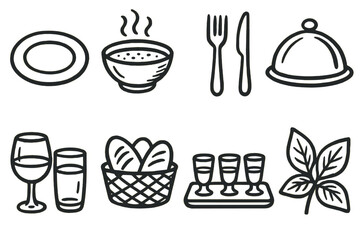 Gourmet Menus set of icons in doodle hand-drawn vector style: small plate, soup bowl, knife and fork, restaurant cloche, paired drink, bread basket, tasting flight, garnish herb.