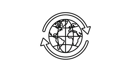 A world globe encircled by arrows in a continuous rotation silhouette
