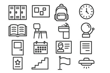 School Hallway outline icon set: lockers, bulletin board, backpack, clock, open book, chair, water fountain, bell, door, calendar, student profile, notepad, poster, staircase, flag