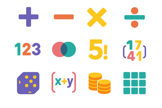Combination Math flat icons: addition symbol, subtraction symbol, multiplication symbol, division symbol, number set, Venn diagram, factorial symbol, grouped numbers, probability