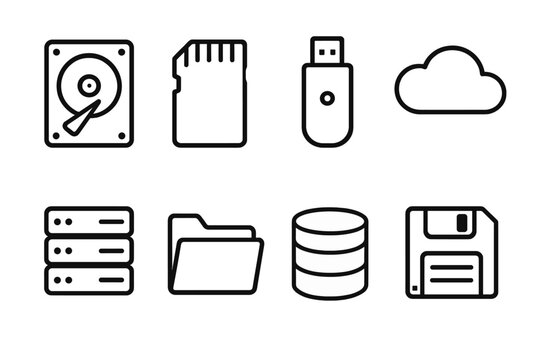 Digital Memory outline icon set: hard drive, memory card, USB stick, cloud storage, floppy disk, server rack, file folder, database cylinder.