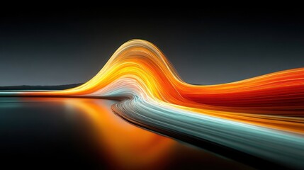 Abstract dynamic lines of light in shades of orange and blue over a reflective surface