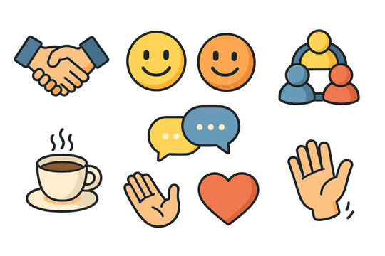 Basic Meet & Greet set icons in modern isometric flat vector style: handshake, smiling faces, chat bubbles, group circle, coffee cup, open hands, heart symbol, friendly wave.