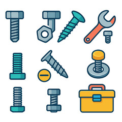Obraz premium Bolt basics flat icons: metal bolt, nut and bolt, loose screw, wrench with bolt, threaded bolt, bolt head, washer with bolt, toolbox.