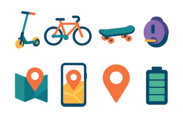 Micro-Mobility flat icons: scooter, bike, skateboard, electric unicycle, GPS map, phone app, location pin, battery charge. , , High resolution, sharp vector-like appearance, ideal