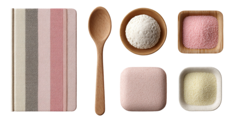 Isolated Kitchen Items with Natural Ingredients and Colorful Sugar Textures on Background