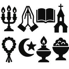Fototapeta premium Spiritual Rituals silhouette set: candle holder, folded hands, holy text, church steeple, prayer beads, star and moon, shrine lamp, sacred offering. , , High resolution, sharp