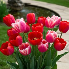 Obraz premium Vibrant Tulips in Full Bloom with a Garden Pond Background.