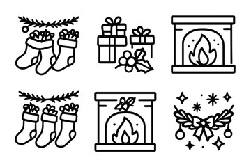 Fototapeta premium Christmas Stockings outline icon set: family stockings row, small presents inside, holiday garland, flickering fire, festive decor, winter charm. , , High resolution, sharp