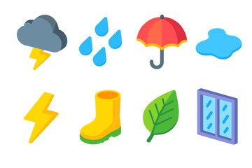 Obraz premium Rain & Thunder flat isometric set: thundercloud, raindrops, umbrella, puddle, lightning, boot, leaf, window.