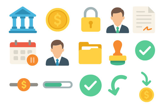 Financial Escrow Icons flat icons: bank building, dollar coin, lock icon, contract file, calendar hold, escrow agent, document folder, approval stamp, transaction record, progress