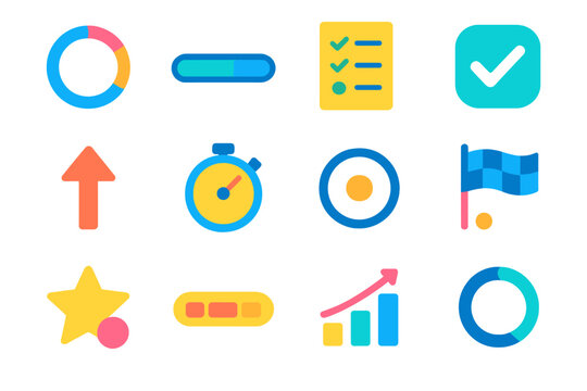 Progress Feedback flat icons: loading ring, progress bar, checklist, check icon, upward arrow, clock timer, milestone dot, finish flag, success star, rating bar, data chart,