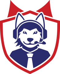Professional dog mascot with headset and tie represents excellent customer support services and communication solutions