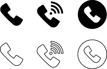 Collection of black and white telephone icons with signal waves