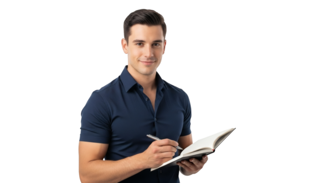 Confident Young Man Taking Note in Notepad Wearing Casual Attire