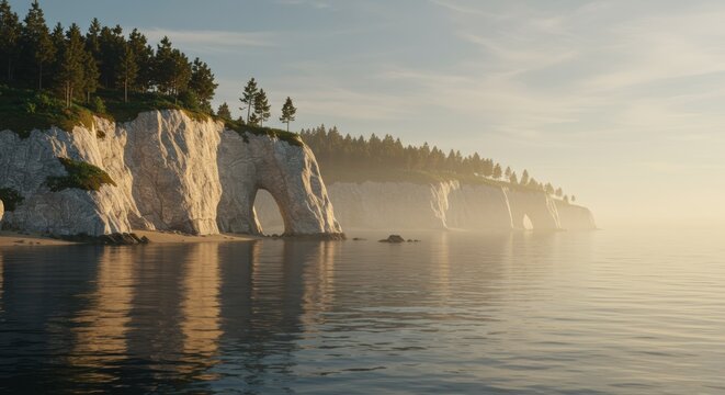 Coastal cliffside landscape with arched rock formations and calm waters at sunrise or sunset