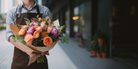 Flower delivery courier holding a fresh bouquet, representing service and gift concept, space for text