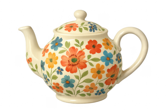 Ceramic teapot with floral pattern on transparent background