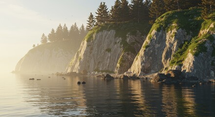 Coastal cliffs meet the water under a soft sunlight with the forest on top in a tranquil natural landscape scene