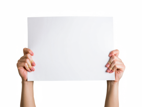 Hands Holding Blank White Cardboard Sign — on transparent png Background - Powered by Adobe