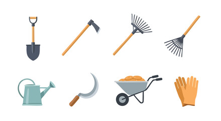 set farming tools vector with shovel, hoe, rake, watering can, sickle, wheelbarrow, and gloves for agriculture and gardening
