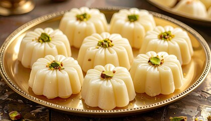 Delicate White Kuih Cara Manis Cakes Garnished With Pistachios On A Gold Plate In Bright Daylight