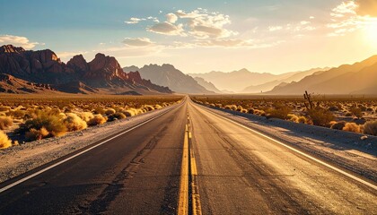Fototapeta premium Vast Desert Landscape With a Straight Asphalt Road Leading Towards Distant Mountains Under a Bright Golden Sunset Sky