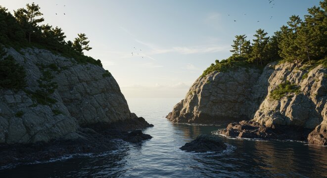 Coastal cliffs with vegetation meeting the sea natural landscape with sunny daytime atmosphere