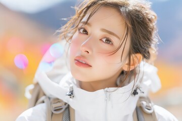 秋のトレッキングを楽しむ日本人女性