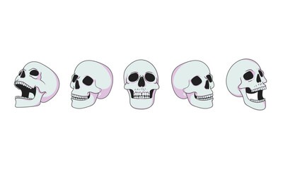 Flat skull illustration set featuring multiple viewing angles. Perfect for anatomy study, Halloween decoration, tattoo inspiration, and stylish minimalist art.