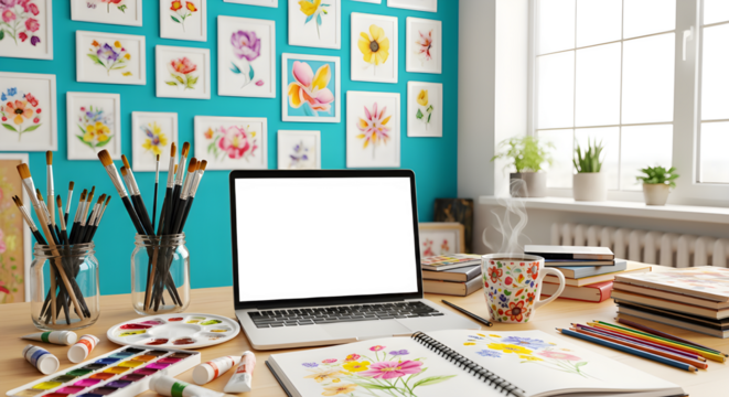 Blank laptop screen on an artist's cluttered desk, surrounded by jars of paintbrushes, paint tubes, and an open sketchbook with floral designs.  - Powered by Adobe