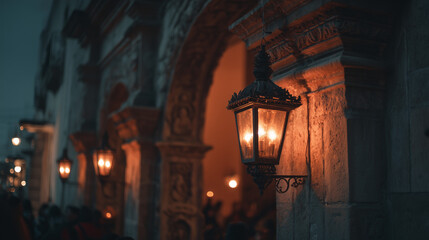 Nochebuena in Mexico Illuminating the Evening with Vintage Street Lamps and Ornate Architecture, Creating a Festive Ambiance