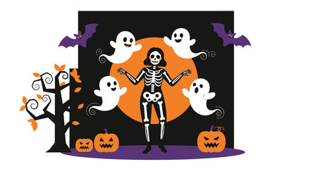 Spooky Halloween Skeleton and Ghosts Illustration.