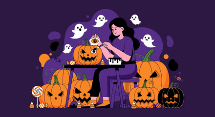 Woman Carving Halloween Pumpkins with Ghosts and Candy.