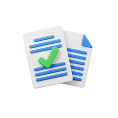 3d rendered document with green checkmark symbol and blue lines for approval transparent background
